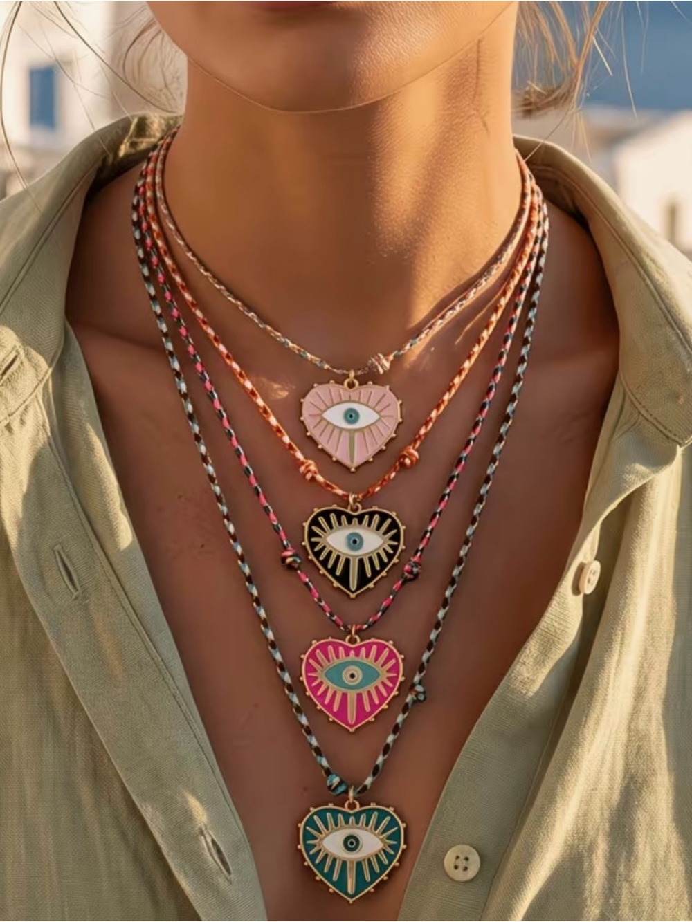 Adjustable Rope Heart Eye Pendant Necklace - Choose 1